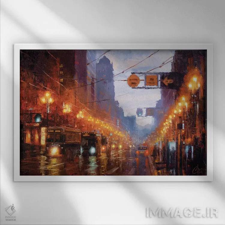 تابلو سان فرانسیسکو در گرگ و میش اثر کریستوفر کلارک - نمای قابدار سفید