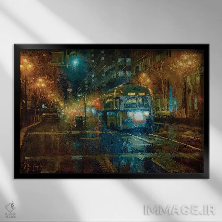 تابلو تراموای سانفرانسیسکو در شب اثر کریستوفر کلارک - نمای قابدار مشکی