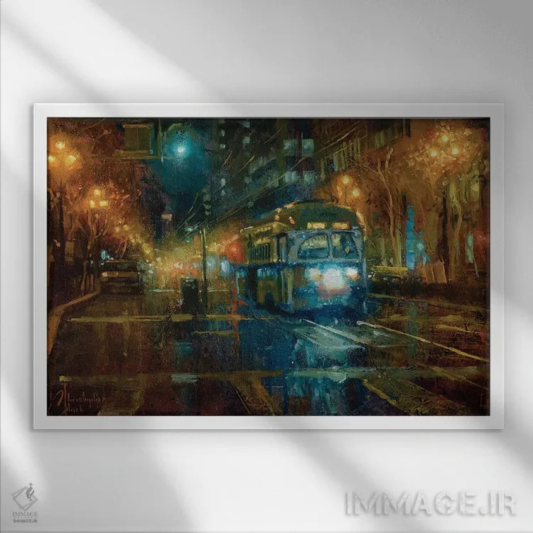 تابلو تراموای سانفرانسیسکو در شب اثر کریستوفر کلارک - نمای قابدار سفید