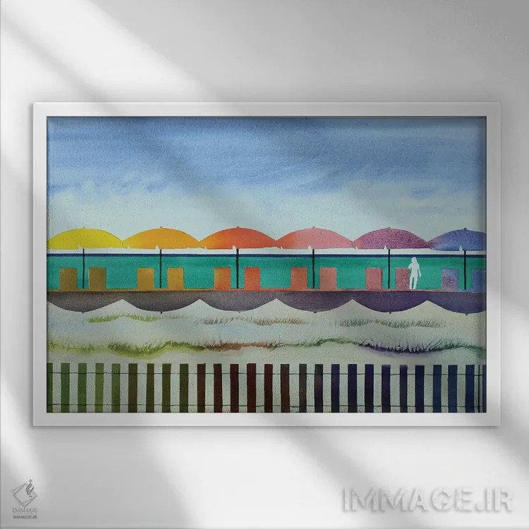 تابلو ساحل آبرنگی اثر کوری کلیفورد - نمای قابدار سفید