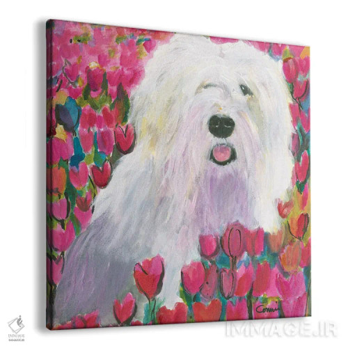 تابلو سگ گله در مزرعهٔ لالهها اثر کانی کالم - نمای پرسپکتیو محصول