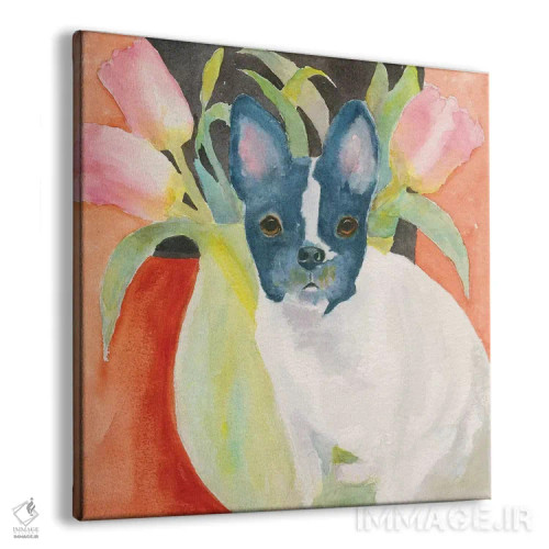 تابلو فرنچی لابلای گل لاله (نوع سگ فرنچ بولداگ) اثر کانی کالم - نمای پرسپکتیو محصول