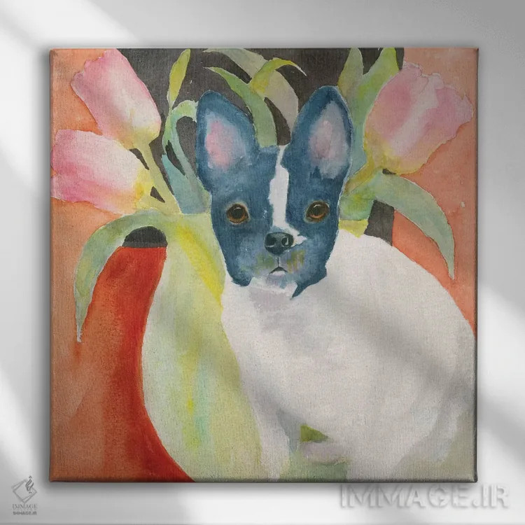 تابلو فرنچی لابلای گل لاله (نوع سگ فرنچ بولداگ) اثر کانی کالم - نمای روبهرو روی دیوار