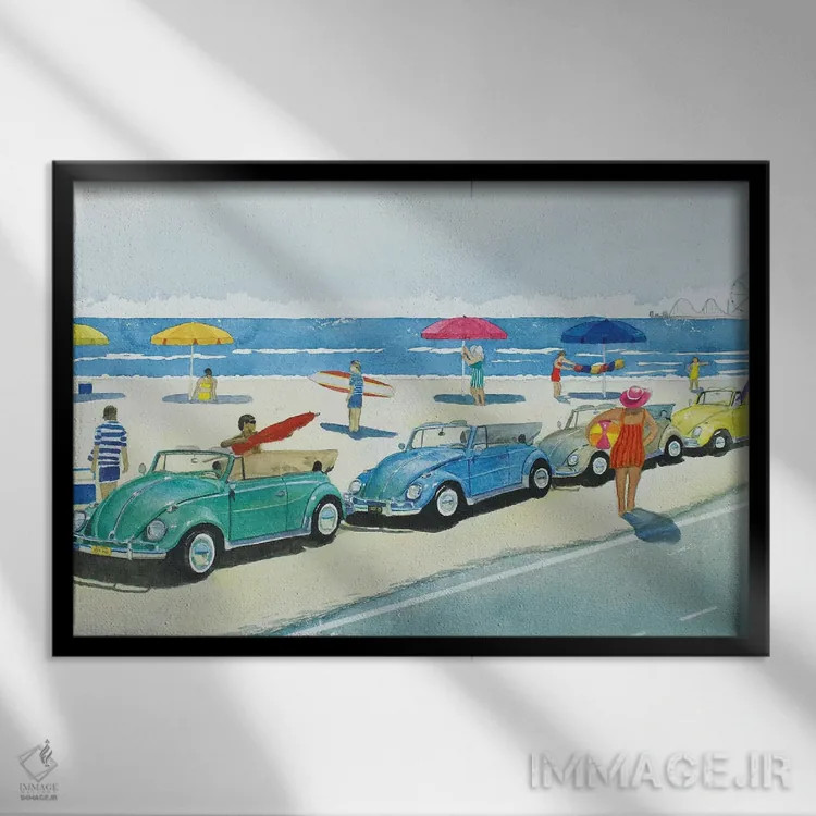 تابلو ساحل با فولکس بیتل رترو اثر کوری کلیفورد - نمای قابدار مشکی