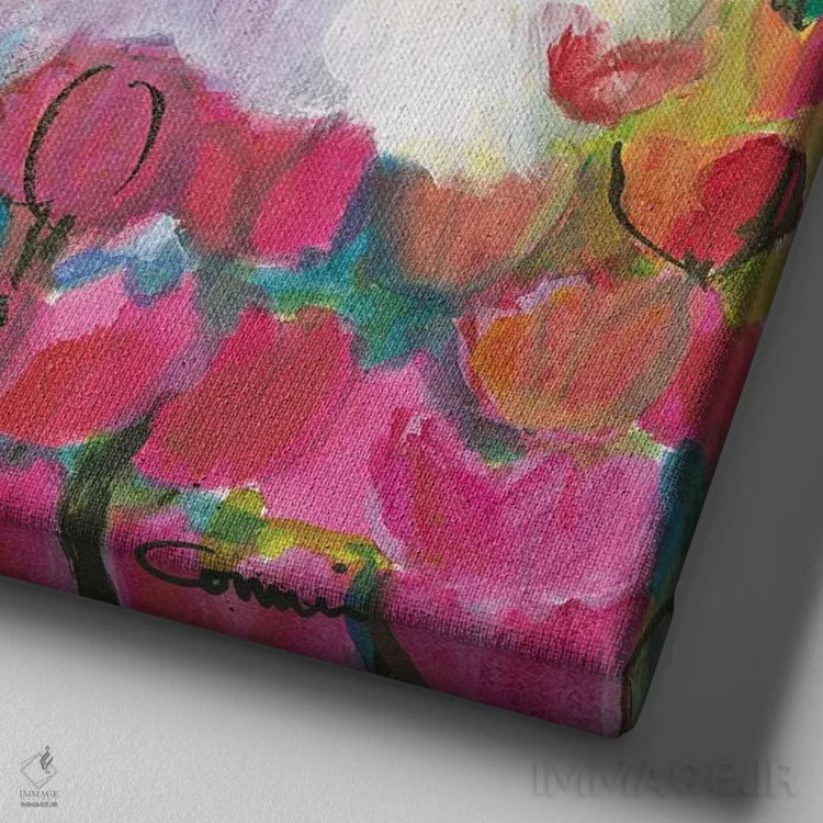 تابلو سگ گله در مزرعهٔ لالهها اثر کانی کالم - نمای نزدیک بافت بوم