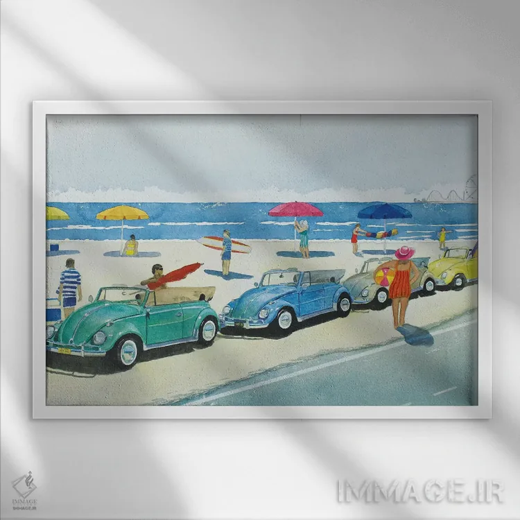 تابلو ساحل با فولکس بیتل رترو اثر کوری کلیفورد - نمای قابدار سفید