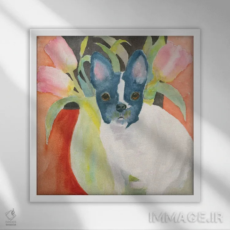 تابلو فرنچی لابلای گل لاله (نوع سگ فرنچ بولداگ) اثر کانی کالم - نمای قابدار سفید