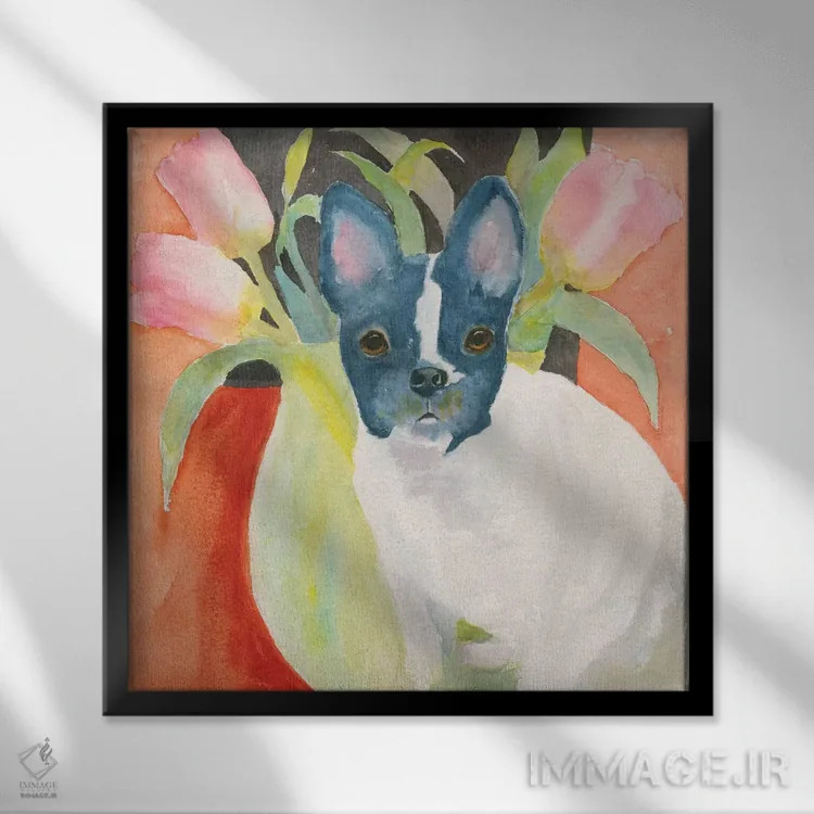 تابلو فرنچی لابلای گل لاله (نوع سگ فرنچ بولداگ) اثر کانی کالم - نمای قابدار مشکی