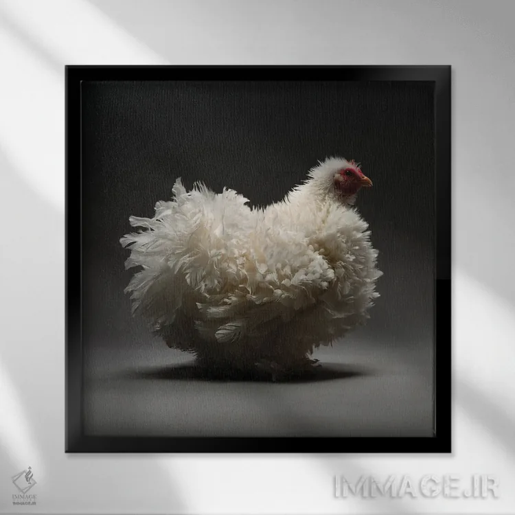تابلو کوشین فریزل (نژاد مرغ) اثر چیکن (اثر هنری با لحن شوخ) - نمای قابدار مشکی