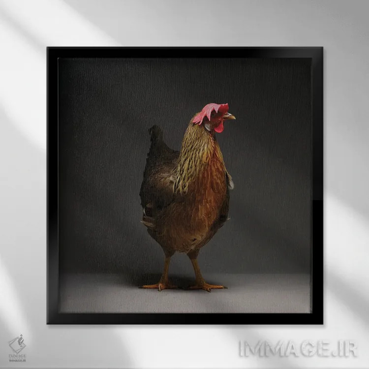 تابلو لگهورن (نژاد مرغ) اثر چیکن (اثر هنری با لحن شوخ) - نمای قابدار مشکی