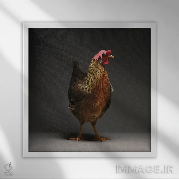 تابلو لگهورن (نژاد مرغ) اثر چیکن (اثر هنری با لحن شوخ) - نمای قابدار سفید