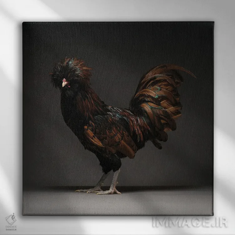 تابلو پولیش طلایی حاشیهدار (نژاد مرغ) اثر چیکن (اثر هنری با لحن شوخ) - نمای روبهرو روی دیوار