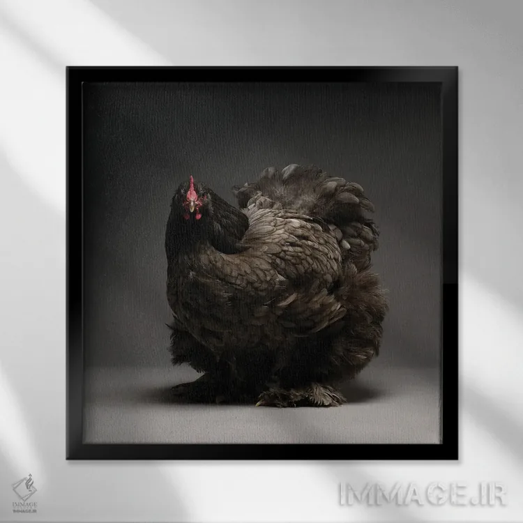 تابلو کوشین (نژاد مرغ) اثر چیکن (اثر هنری با لحن شوخ) - نمای قابدار مشکی