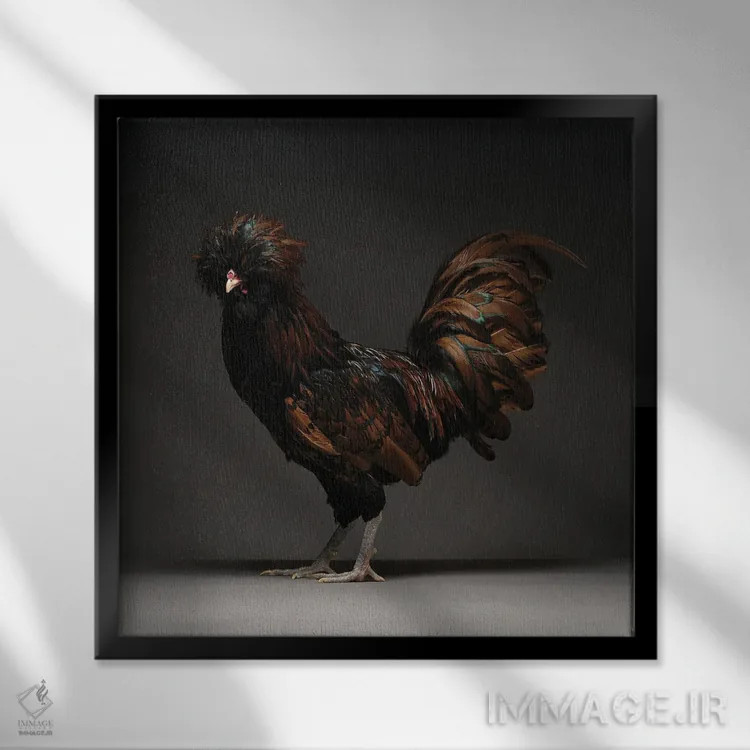 تابلو پولیش طلایی حاشیهدار (نژاد مرغ) اثر چیکن (اثر هنری با لحن شوخ) - نمای قابدار مشکی