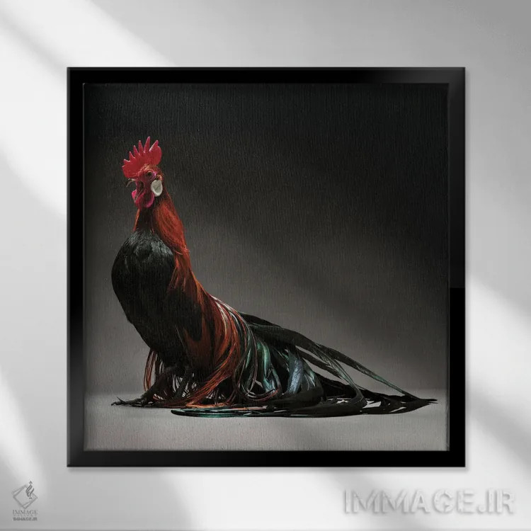 تابلو فنیکس (نژاد مرغ) اثر چیکن (اثر هنری با لحن شوخ) - نمای قابدار مشکی