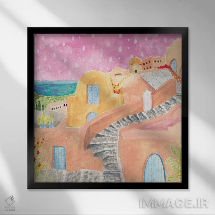تابلو سانتورینی (یونان) اثر کارولین چسیا - نمای قابدار مشکی