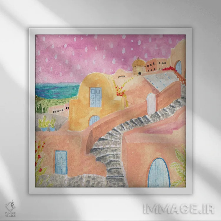 تابلو سانتورینی (یونان) اثر کارولین چسیا - نمای قابدار سفید