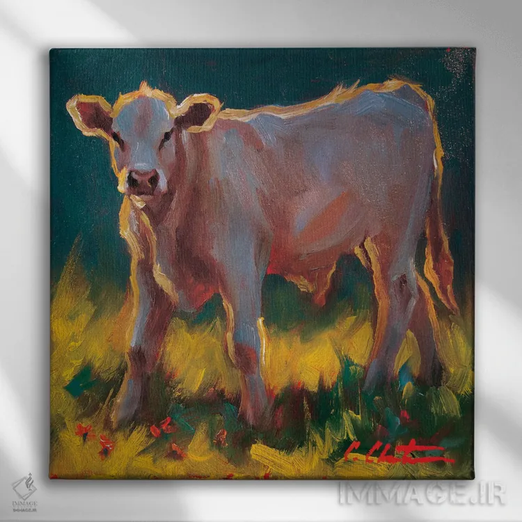 تابلو گوساله در چمنزار اثر چری کریستنسن - نمای روبهرو روی دیوار