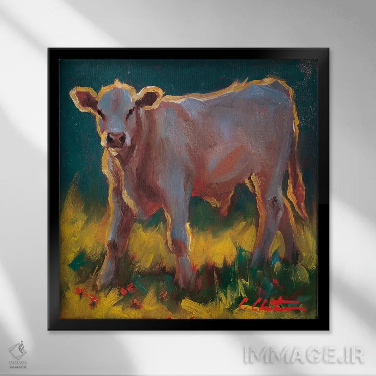 تابلو گوساله در چمنزار اثر چری کریستنسن - نمای قابدار مشکی