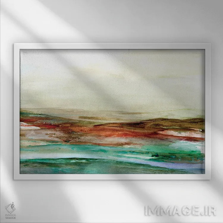 تابلو آبرنگ منظره قرمز و آبیدریایی اثر جی لاندو - نمای قابدار سفید