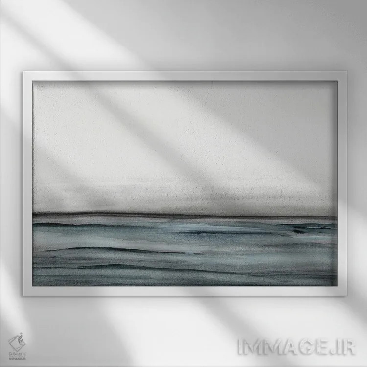 تابلو منظرهٔ دریایی مینیمال آبی اثر جی لاندو - نمای قابدار سفید