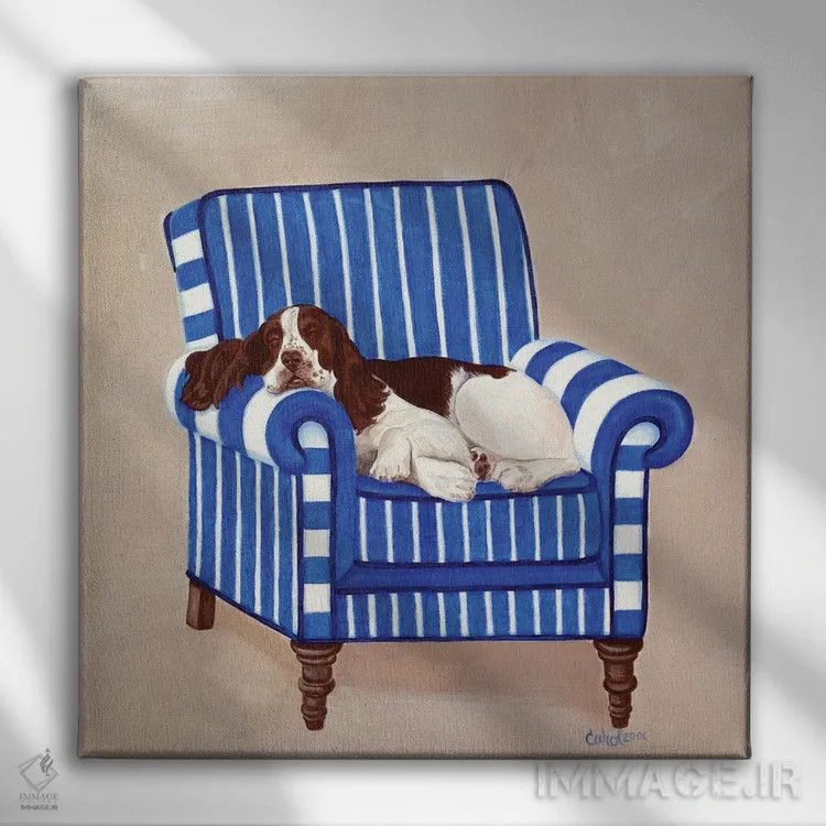 تابلو اسپرینگر روی زمینه آبی (نوعی سگ) اثر کارول دیلون - نمای روبهرو روی دیوار