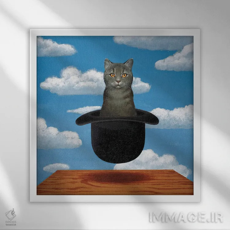 تابلو گربه ماگریت (سبک سوررئالیسم) - نمای قابدار سفید
