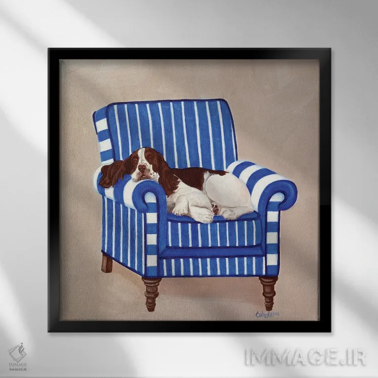 تابلو اسپرینگر روی زمینه آبی (نوعی سگ) اثر کارول دیلون - نمای قابدار مشکی