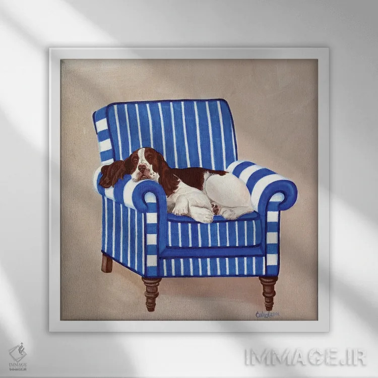 تابلو اسپرینگر روی زمینه آبی (نوعی سگ) اثر کارول دیلون - نمای قابدار سفید