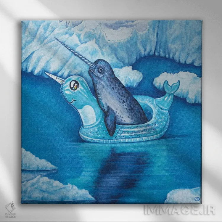 تابلو شناور بودن نروال (نهنگ تکشاخ) اثر سیندی دودس - نمای روبهرو روی دیوار