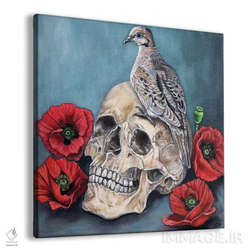 تابلو جمجمه با کبوتر و خشخاش اثر سیندی دودس - نمای پرسپکتیو محصول