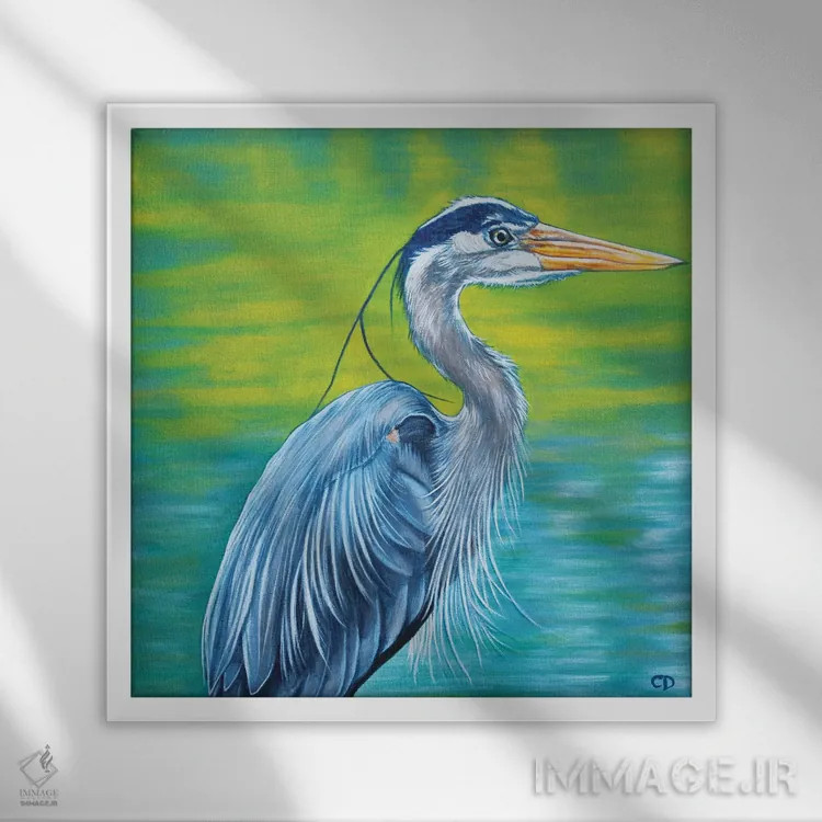 تابلو حواصیل آبی بزرگ اثر سیندی دودس - نمای قابدار سفید