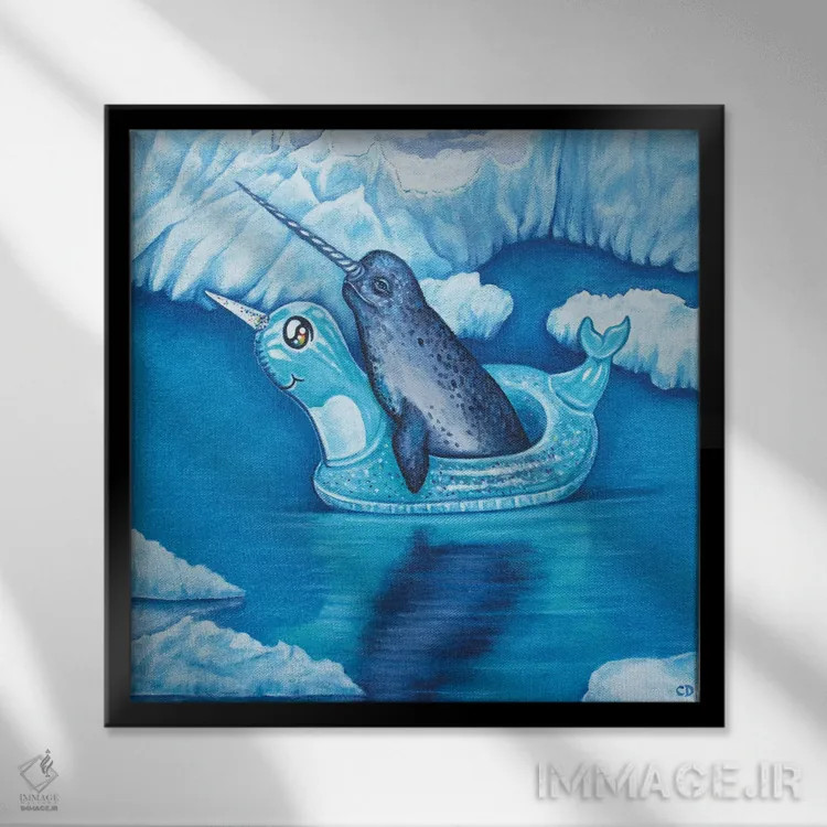 تابلو شناور بودن نروال (نهنگ تکشاخ) اثر سیندی دودس - نمای قابدار مشکی