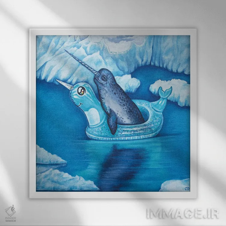 تابلو شناور بودن نروال (نهنگ تکشاخ) اثر سیندی دودس - نمای قابدار سفید