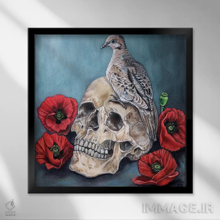 تابلو جمجمه با کبوتر و خشخاش اثر سیندی دودس - نمای قابدار مشکی