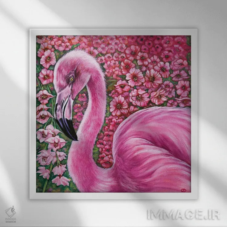 تابلو فلامینگوی صورتی اثر سیندی دودس - نمای قابدار سفید