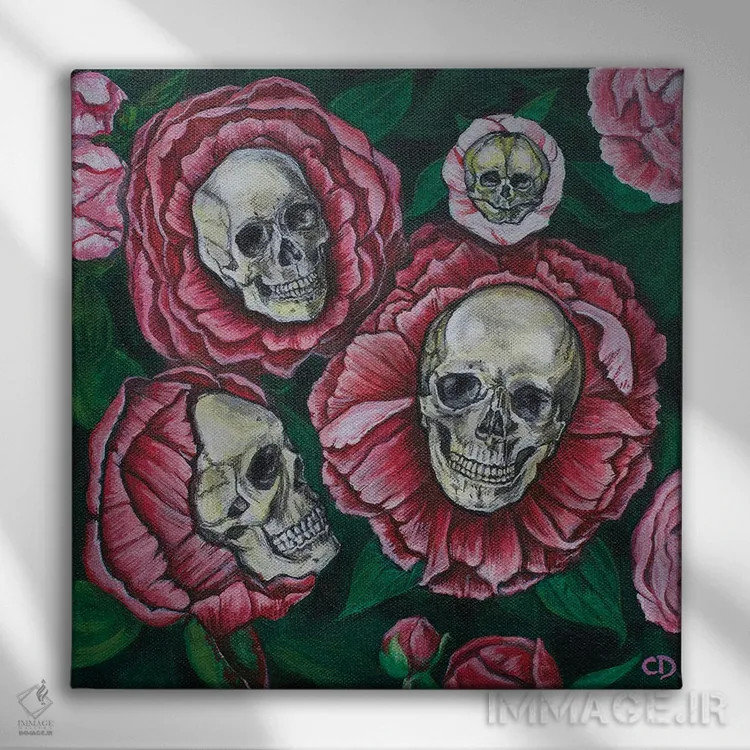 تابلو جمجمههای گل صدتومانی اثر سیندی دودس - نمای روبهرو روی دیوار