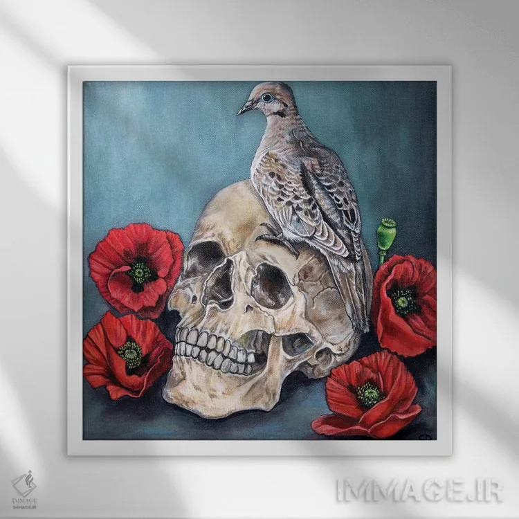 تابلو جمجمه با کبوتر و خشخاش اثر سیندی دودس - نمای قابدار سفید