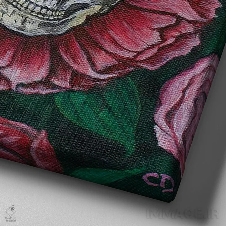 تابلو جمجمههای گل صدتومانی اثر سیندی دودس - نمای نزدیک بافت بوم