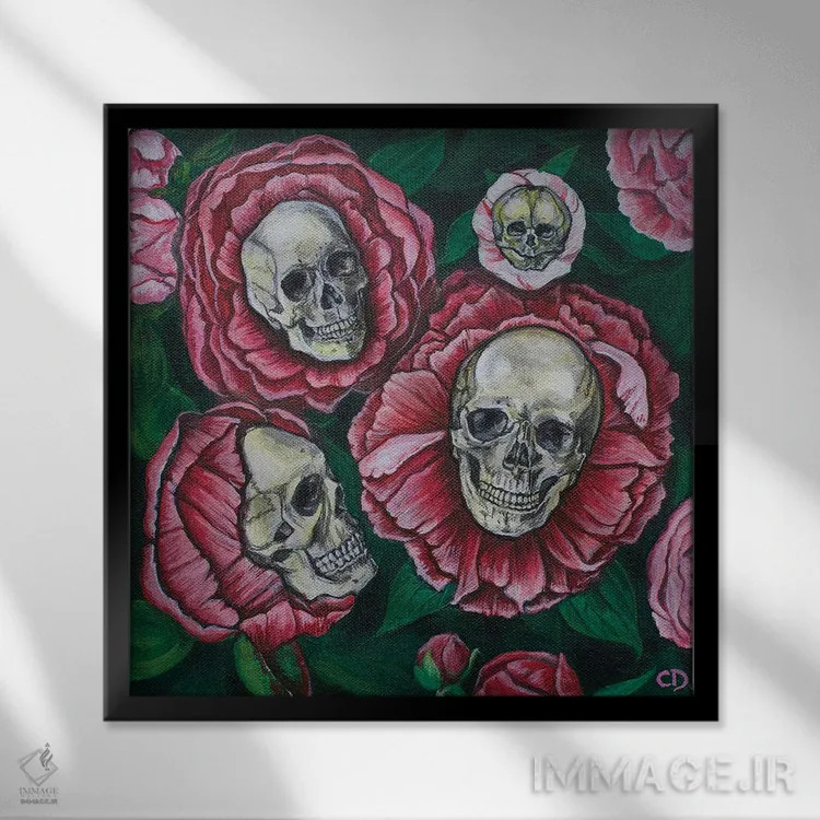 تابلو جمجمههای گل صدتومانی اثر سیندی دودس - نمای قابدار مشکی