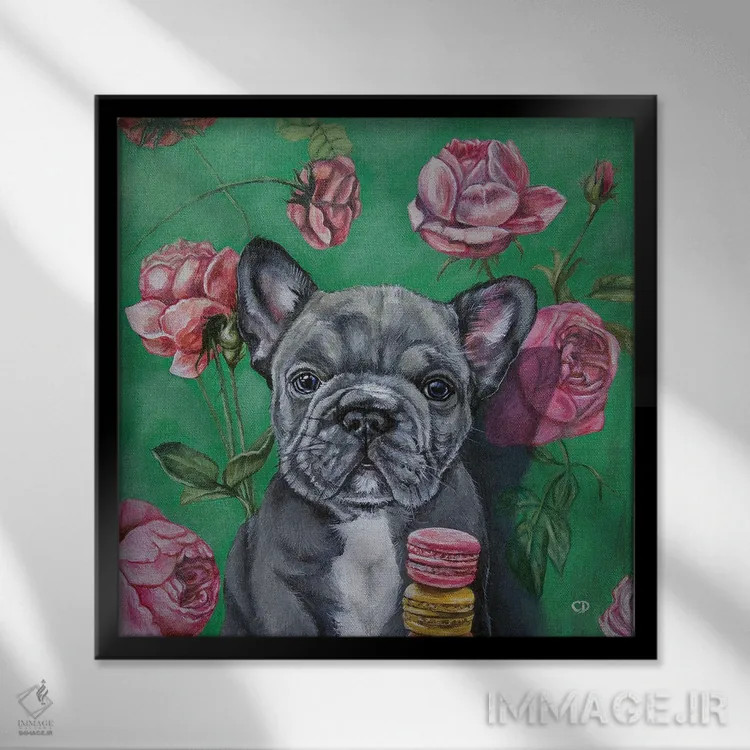 تابلو فرنچی (نام سگ بولداگ فرانسوی) اثر سیندی دودس - نمای قابدار مشکی