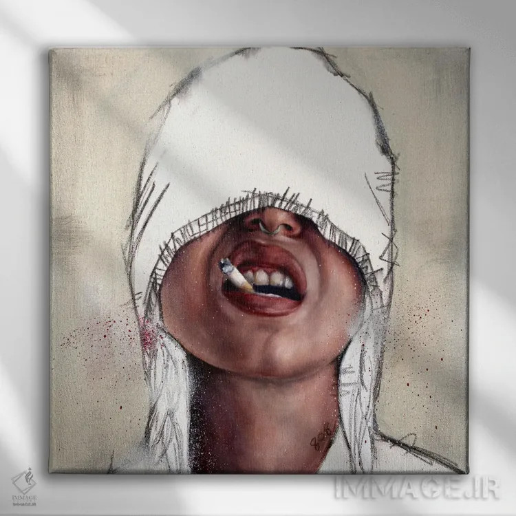 تابلو در حال کشیدن سیگار به شکلی کورکورانه اثر کدی سن - نمای روبهرو روی دیوار