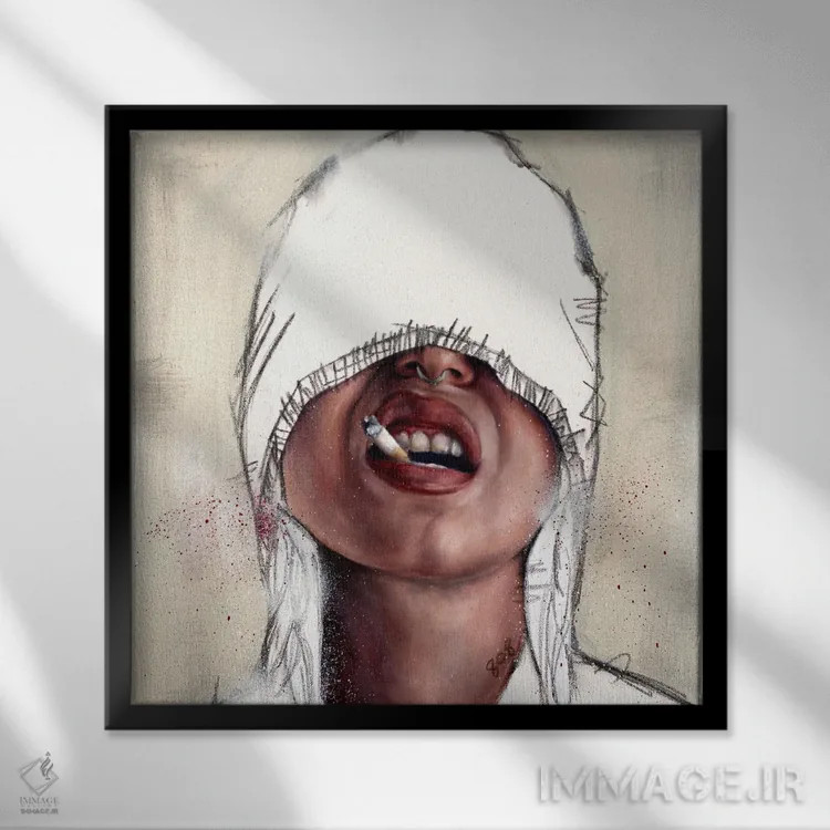 تابلو در حال کشیدن سیگار به شکلی کورکورانه اثر کدی سن - نمای قابدار مشکی