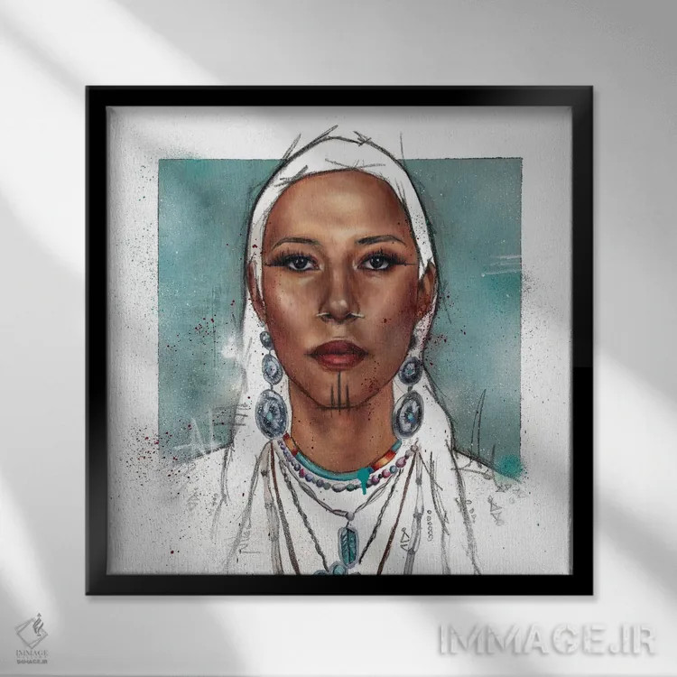 تابلو زن بومی زیبا اثر کدی سن - نمای قابدار مشکی