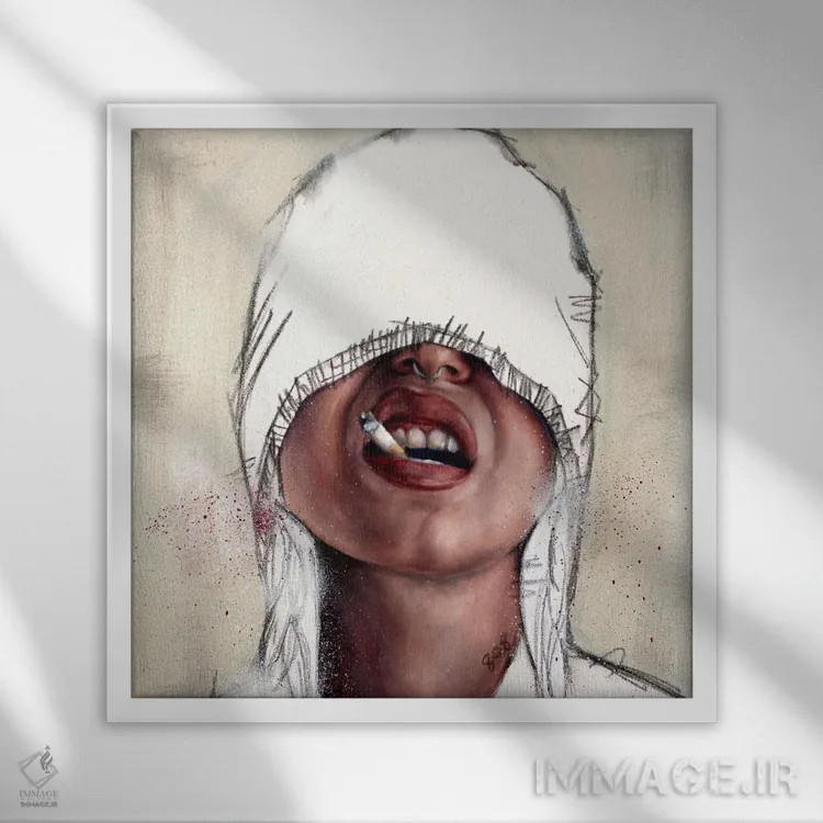 تابلو در حال کشیدن سیگار به شکلی کورکورانه اثر کدی سن - نمای قابدار سفید