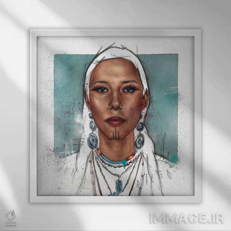 تابلو زن بومی زیبا اثر کدی سن - نمای قابدار سفید