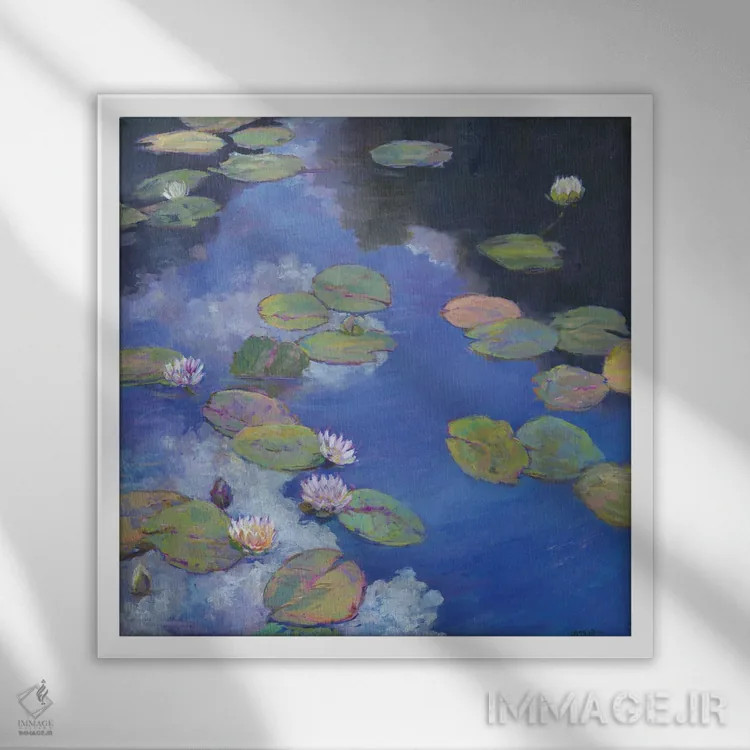 تابلو تجمل نیلوفر آبی یکم اثر کترین ام الیوت - نمای قابدار سفید