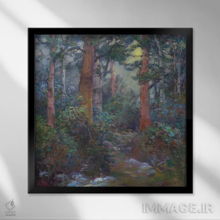 تابلو جنگل از میان درختان اثر کترین ام الیوت - نمای قابدار مشکی
