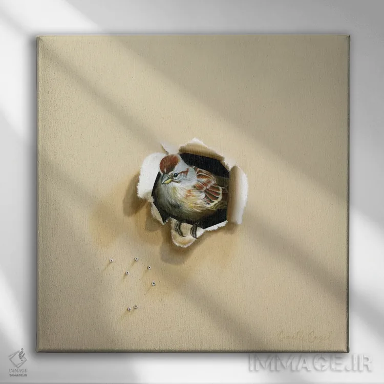 تابلو دوست پَرآلود خوب اثر کامی یِل انگل - نمای روبهرو روی دیوار