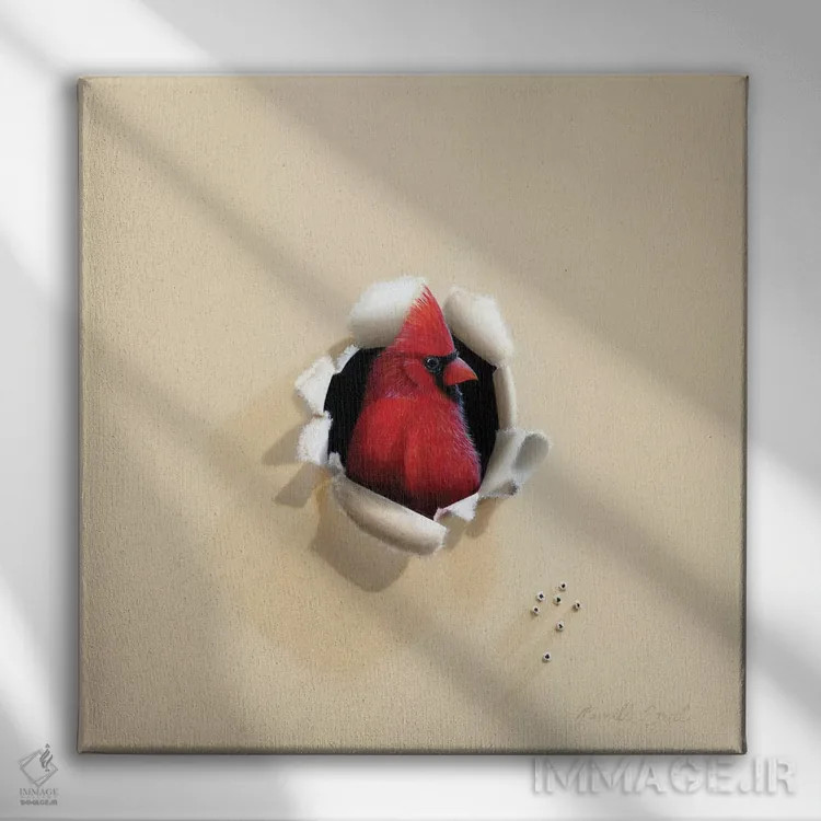 تابلو سرخرمای زیبا (اشاره به پرنده) اثر کامی یِل انگل - نمای روبهرو روی دیوار